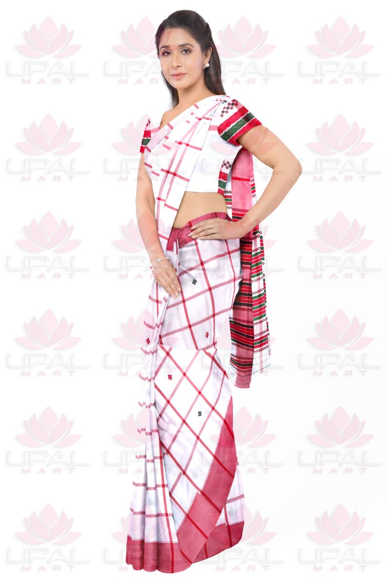 Elegant Red and White Handloom Lumang Fhuta Saree