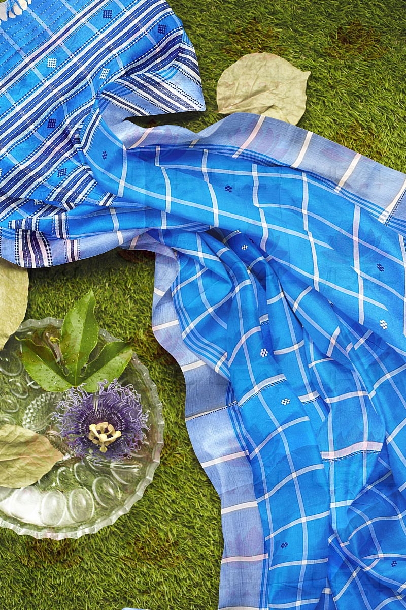 Blue Checked Lumang Fhuta Saree