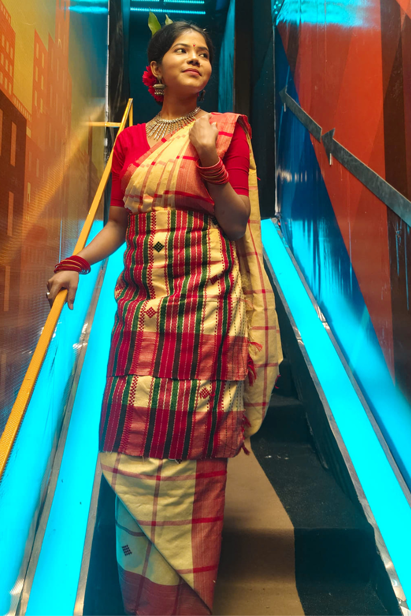 Traditional Yellow and Red Lumang Fhuta Saree