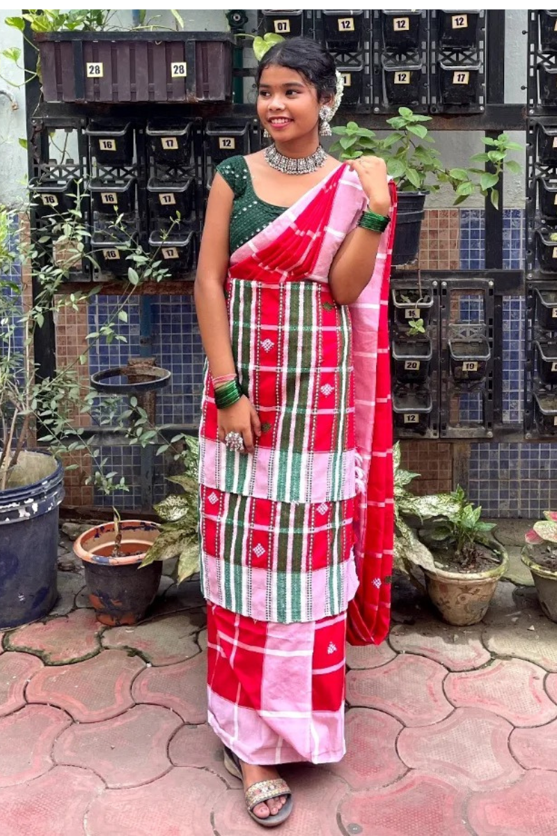 Red Checkered Lumang Fhuta Saree