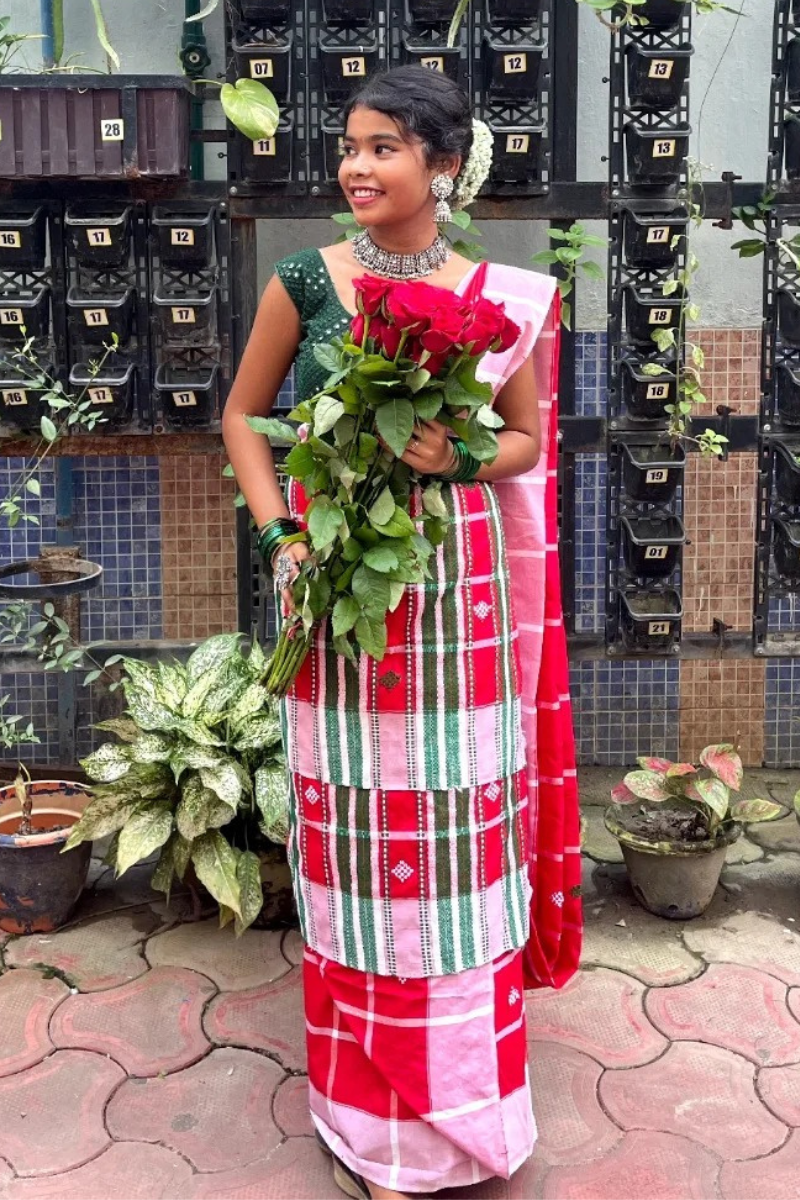 Red Checkered Lumang Fhuta Saree
