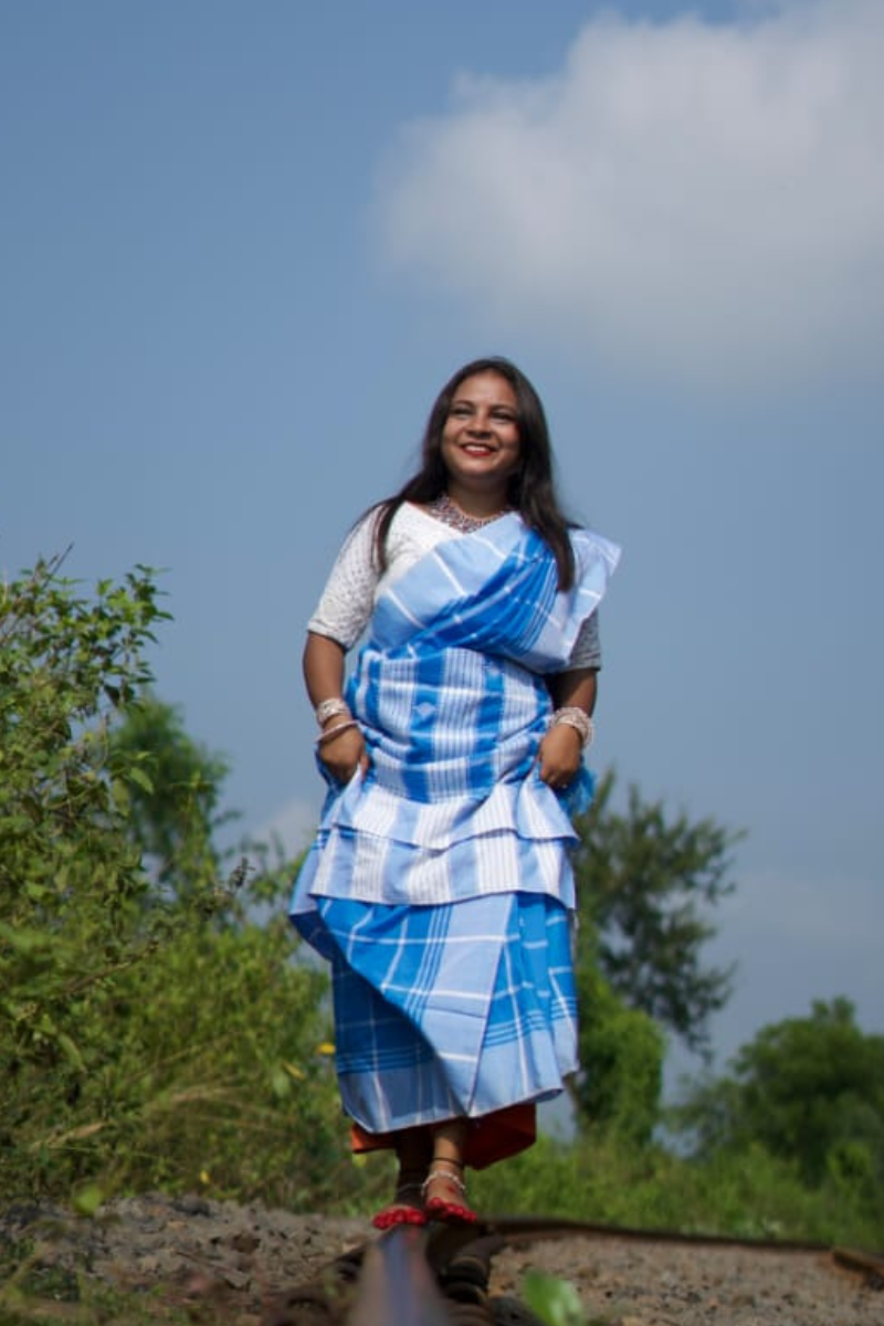Blue Checked Lumang Fhuta Saree