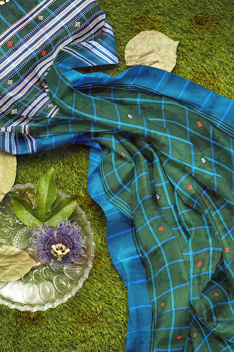Green Checked Lumang Futa Saree