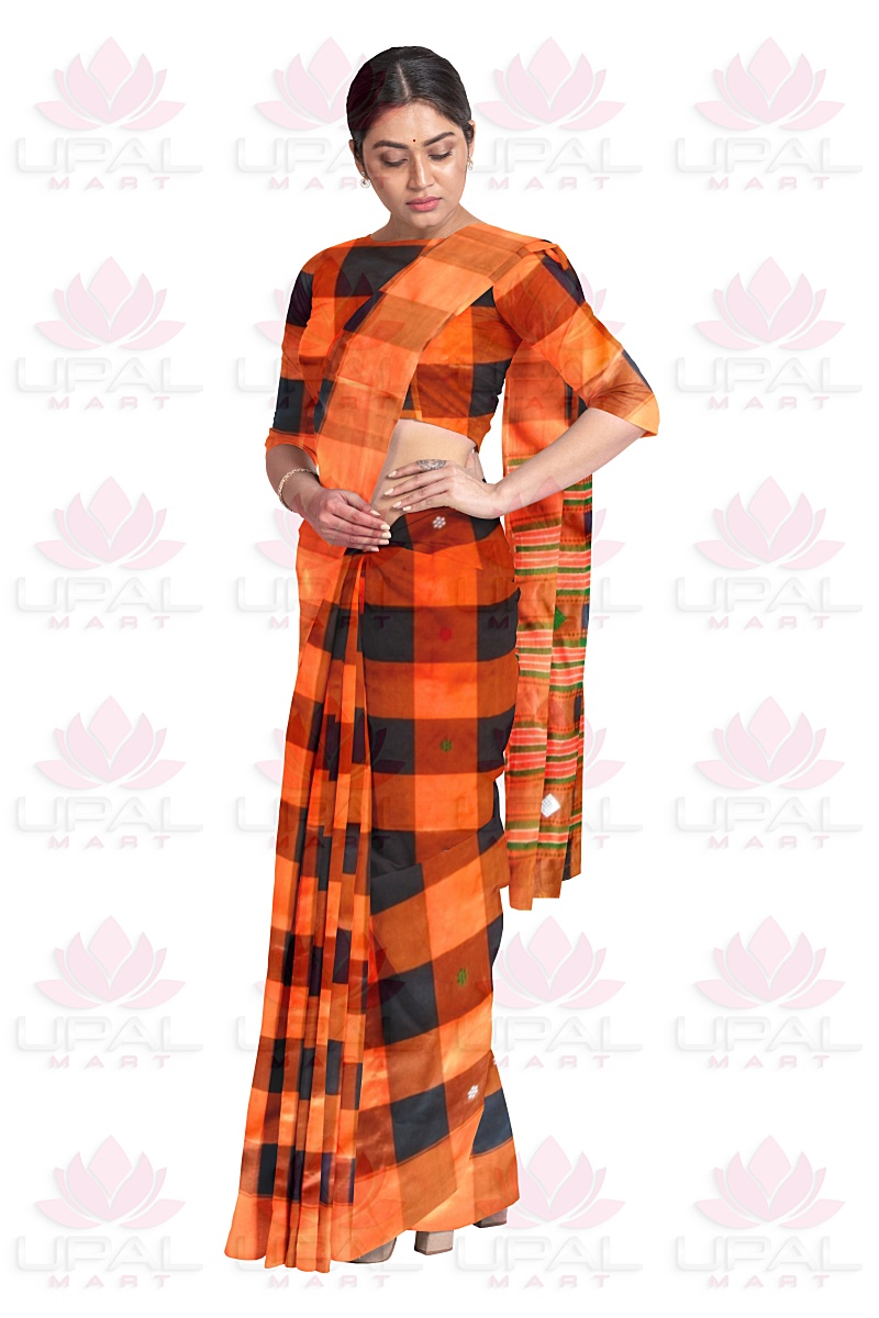 Checkered Orange and Black Saree