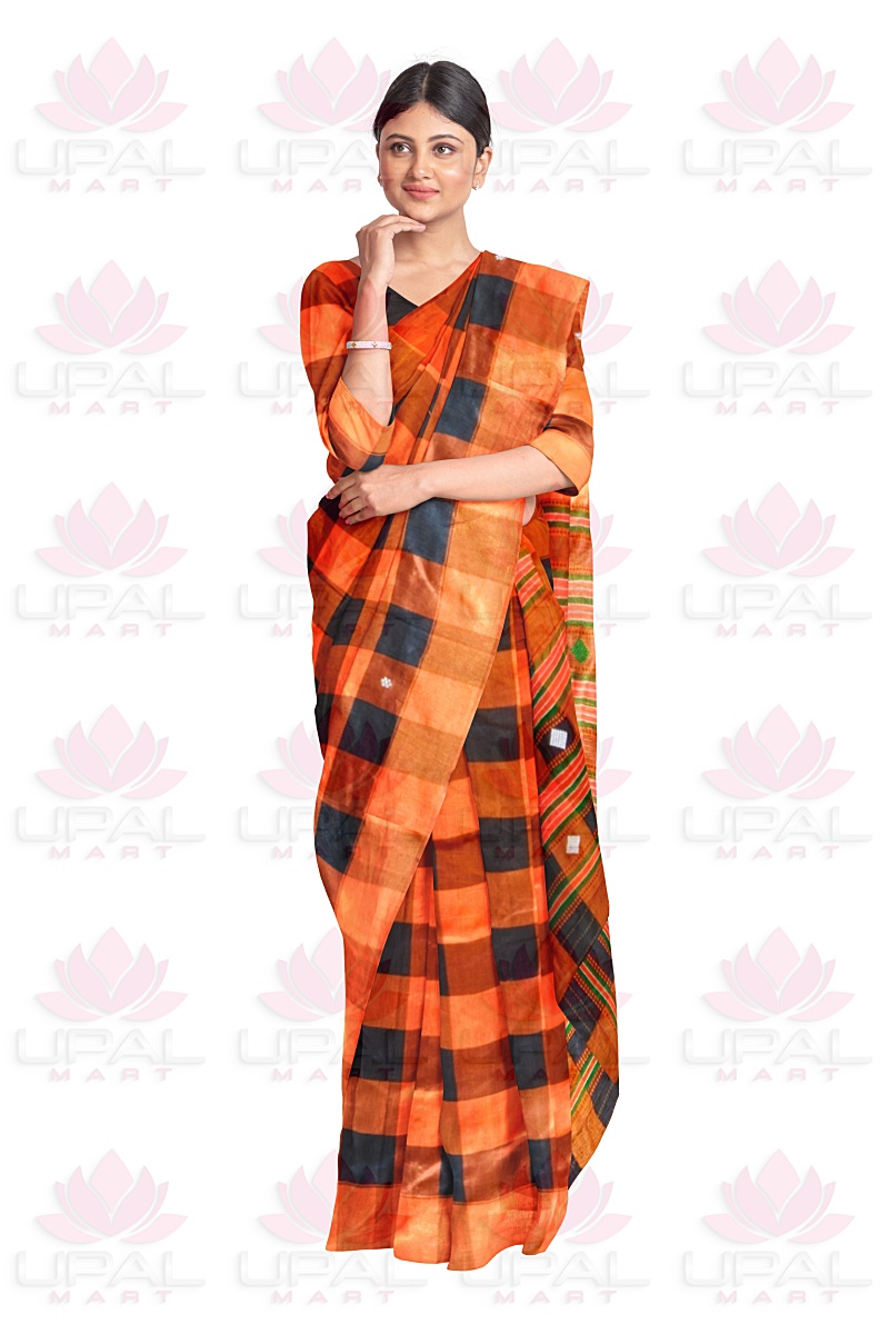 Checkered Orange and Black Saree