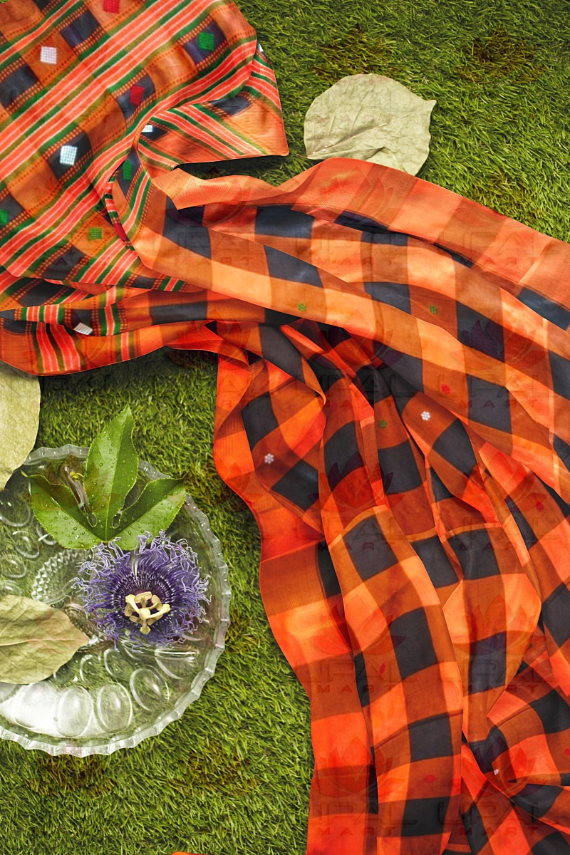 Checkered Orange and Black Saree