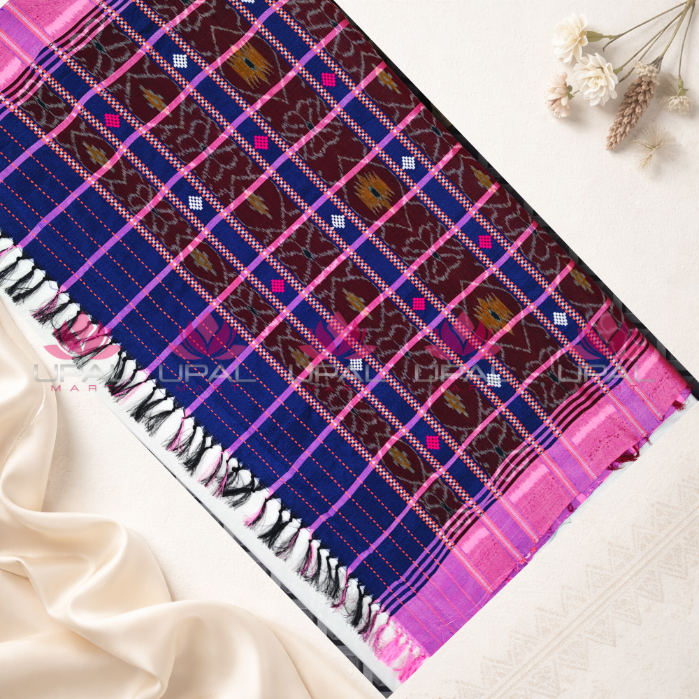 Blue and Pink Checked Lumang Phuta  Saree
