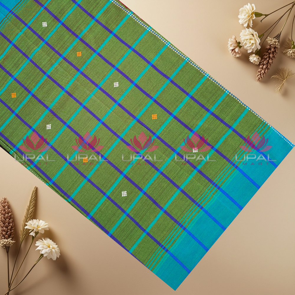 Green & Blue Checkered Lumang Phuta Saree