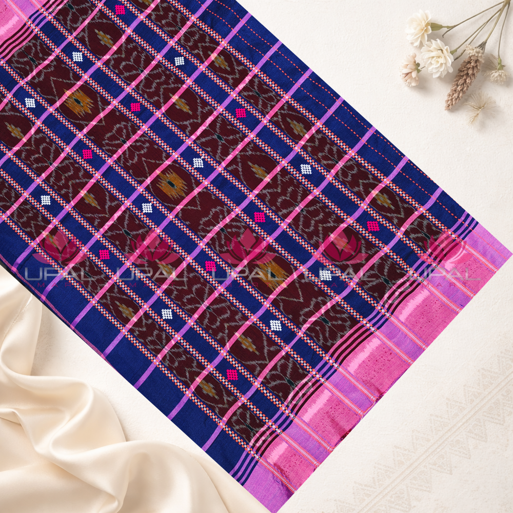 Blue and Pink Checked Lumang Phuta  Saree