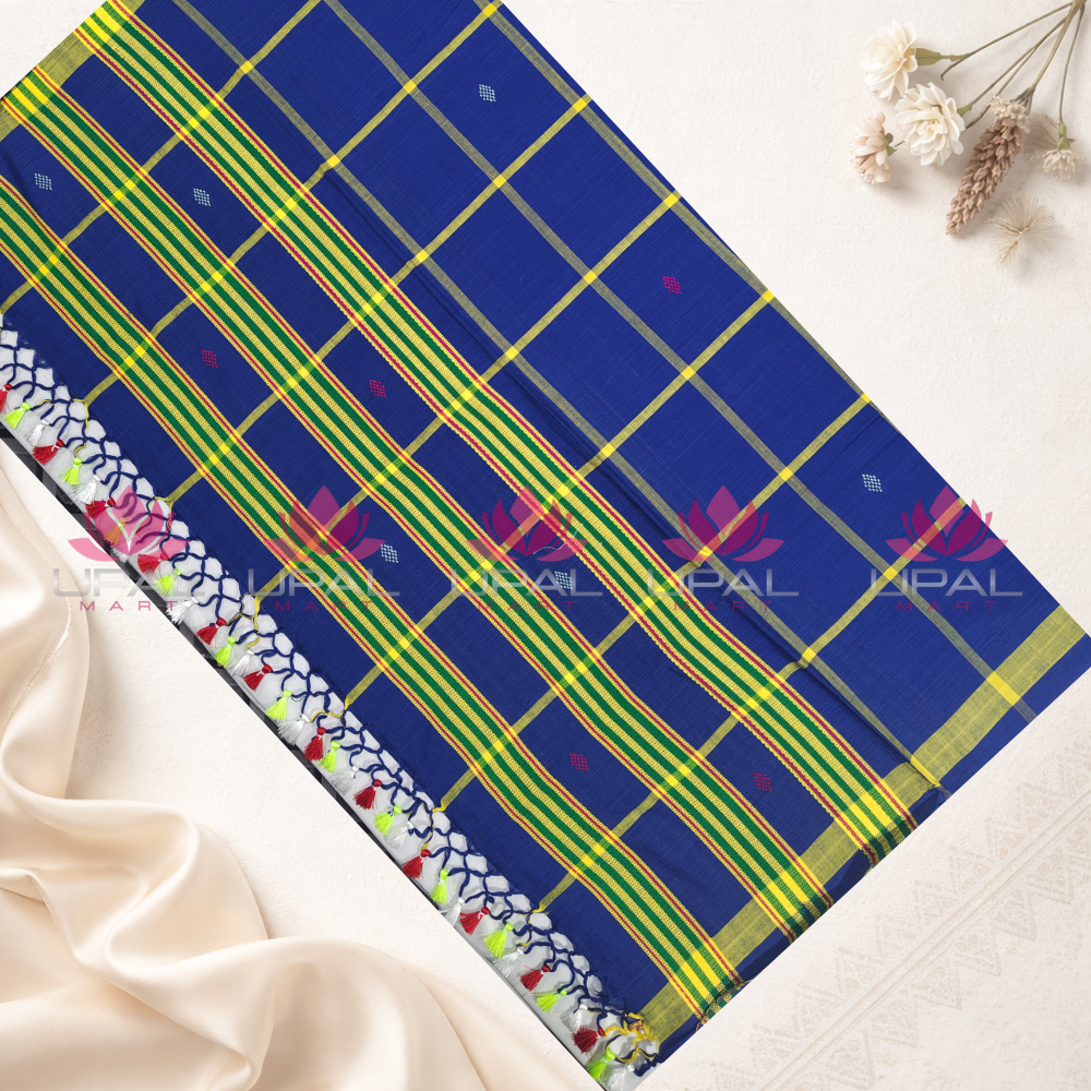 Blue Cotton Handloom Saree & Kacha/Dhoti For Couple