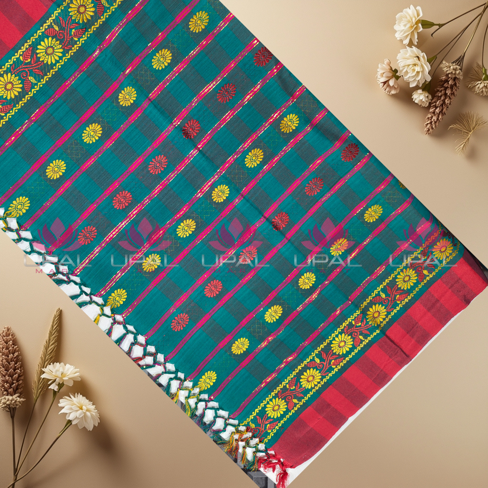 Teal Floral Cotton Saree& Dhoti For Couple