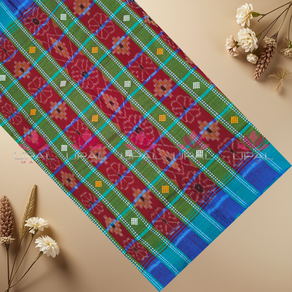 Green & Blue Checkered Lumang Phuta Saree