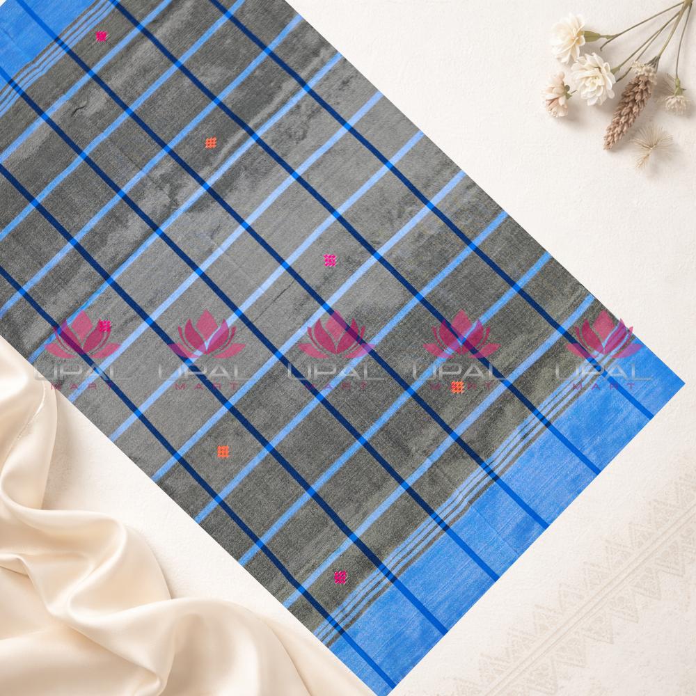 Blue Checked Lumang Phuta Saree