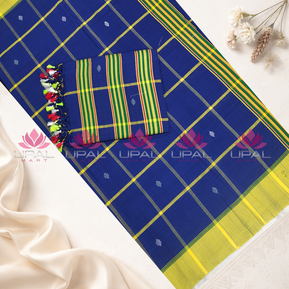 Blue Cotton Handloom Saree & Kacha/Dhoti For Couple