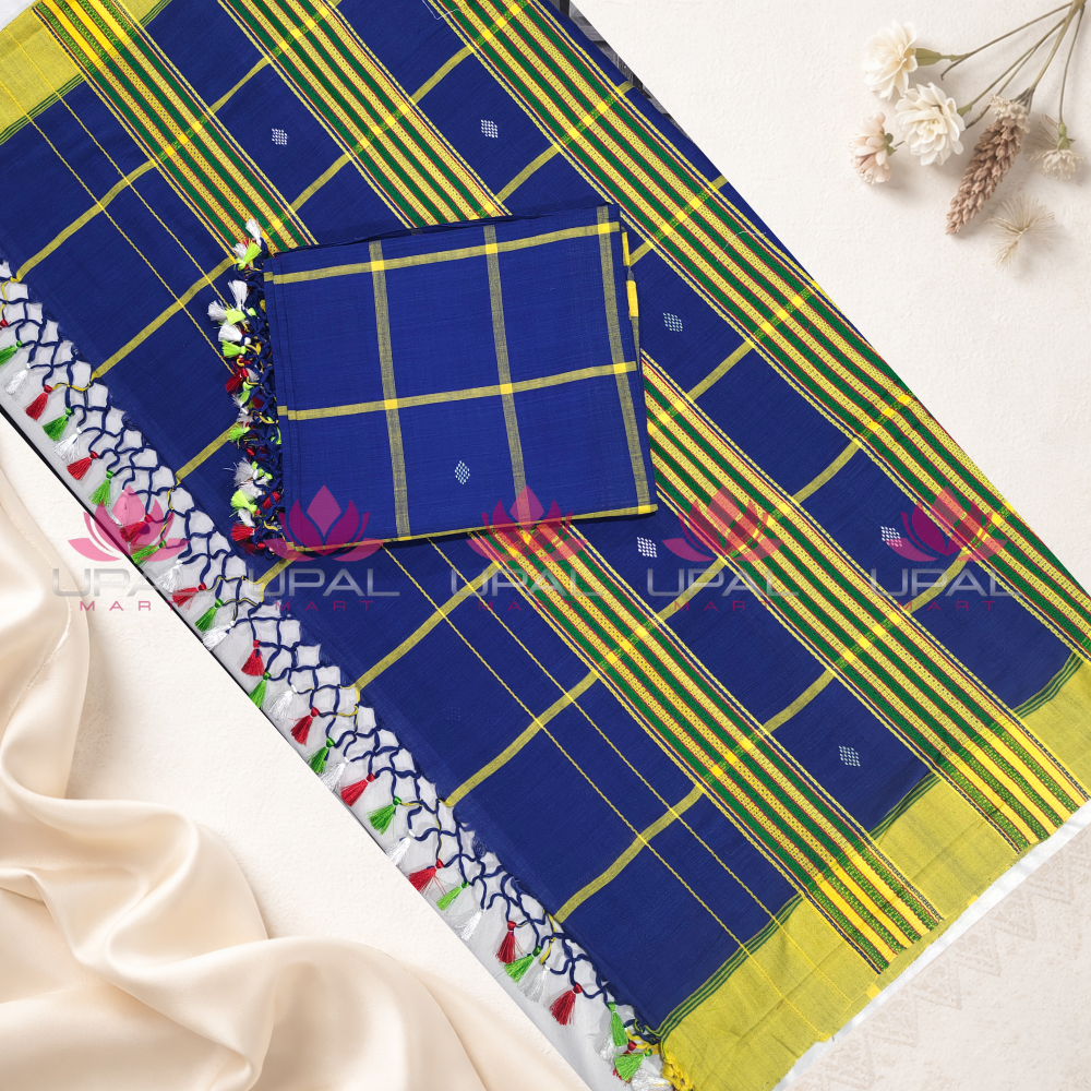 Blue Cotton Handloom Saree & Kacha/Dhoti For Couple