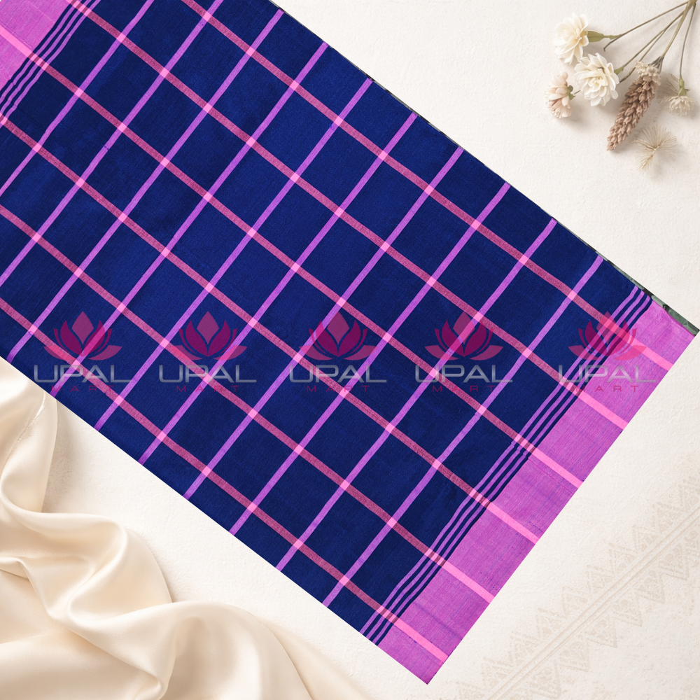 Blue and Pink Checked Lumang Phuta  Saree