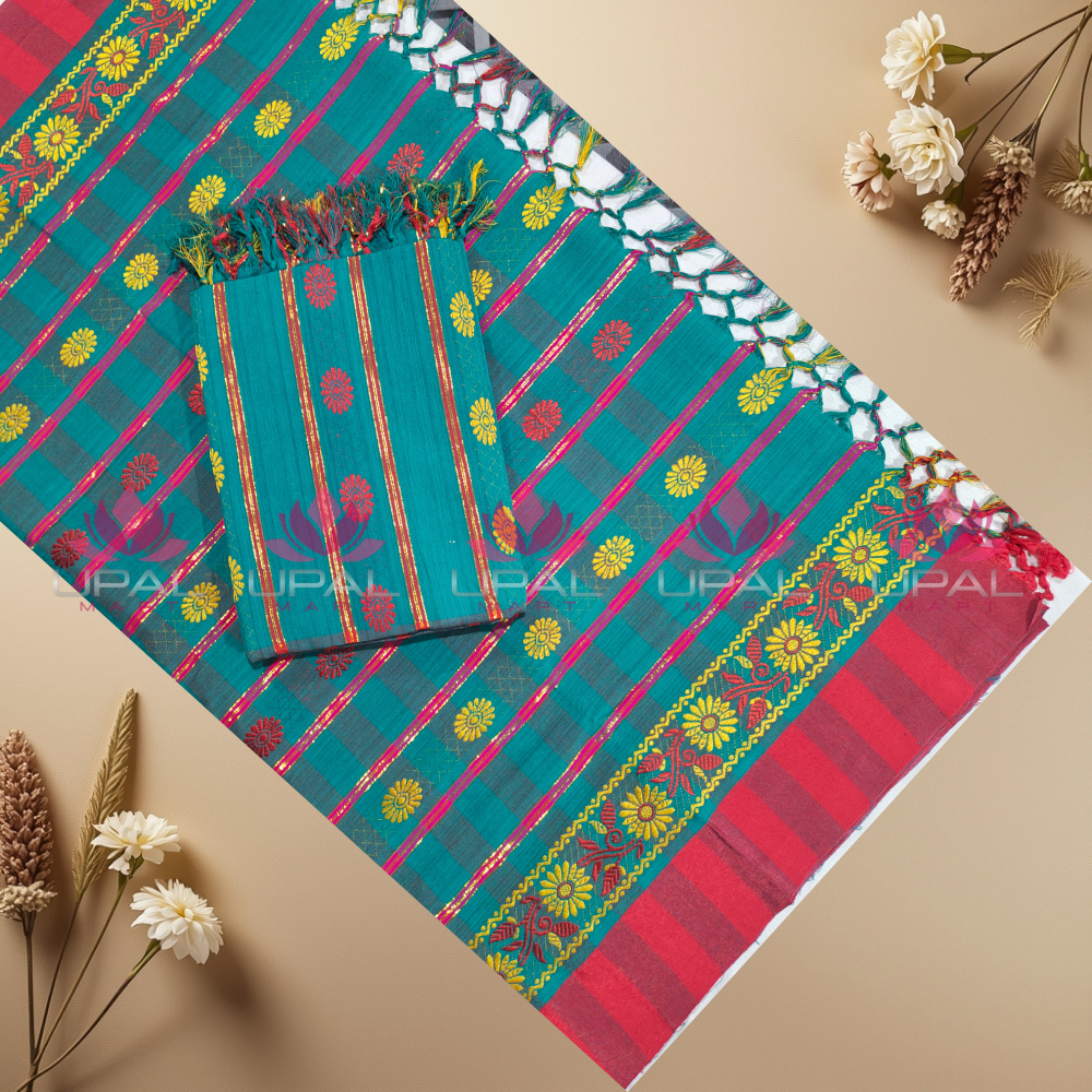 Teal Floral Cotton Saree& Dhoti For Couple