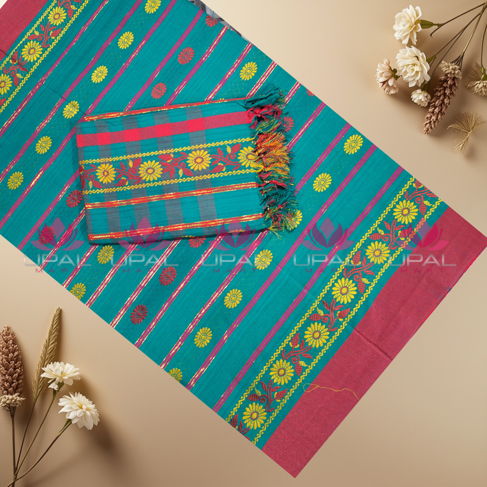 Teal Floral Cotton Saree& Dhoti For Couple