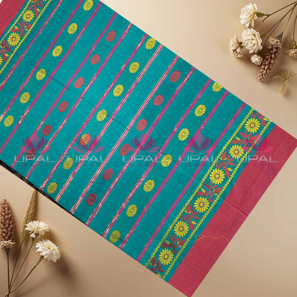 Teal Floral Cotton Saree& Dhoti For Couple