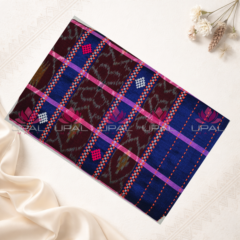 Blue and Pink Checked Lumang Phuta  Saree