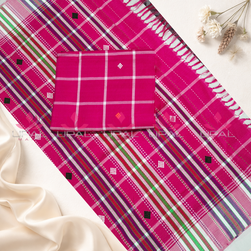Pink Handloom Lumang Phuta Saree & Kacha/ Dhoti For Couple