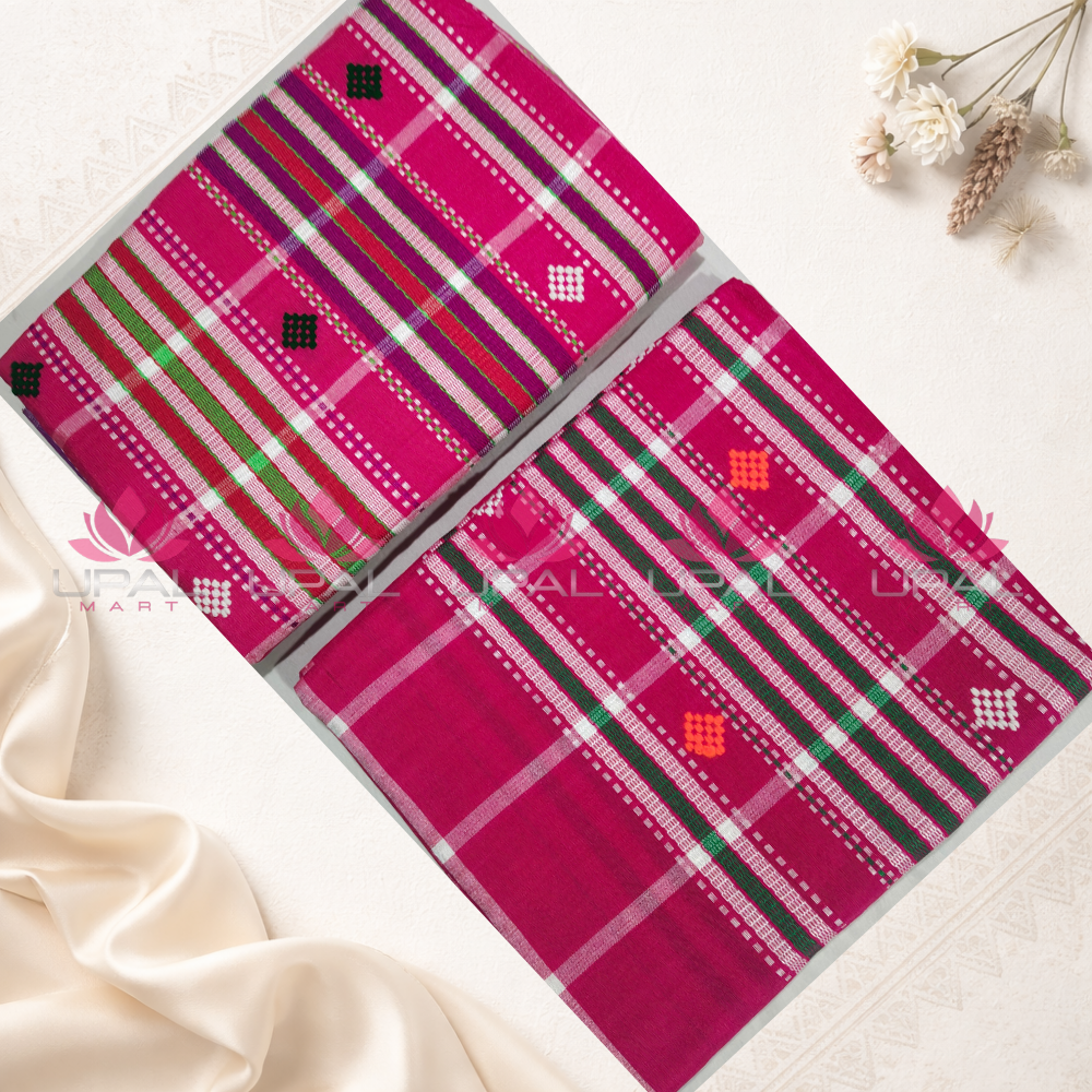Pink Handloom Lumang Phuta Saree & Kacha/ Dhoti For Couple