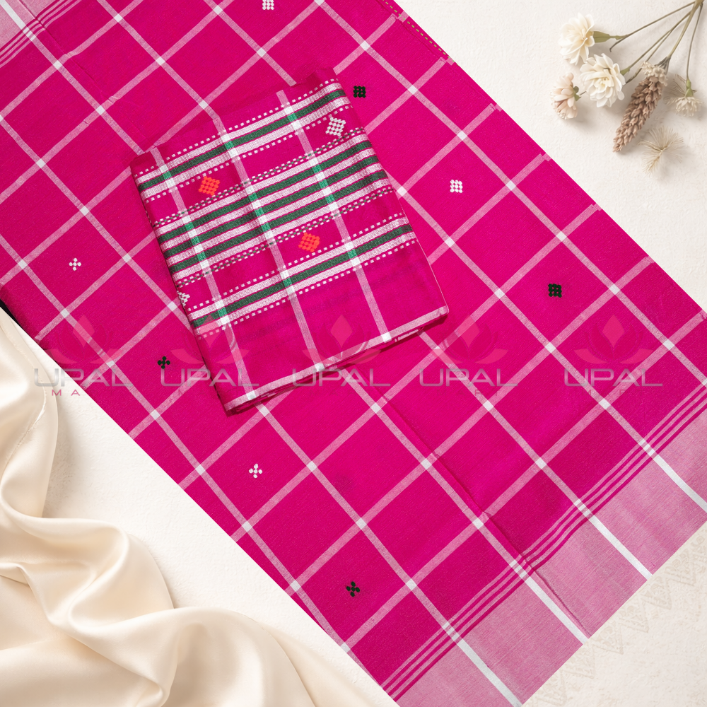 Pink Handloom Lumang Phuta Saree & Kacha/ Dhoti For Couple