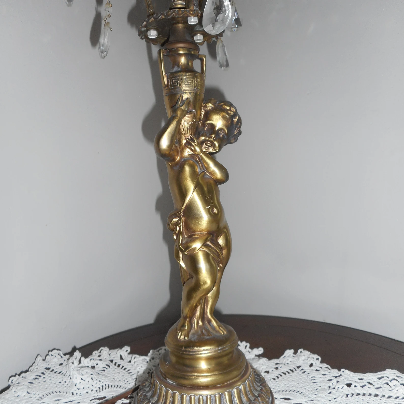 Pair of Gilded Bronze Cherub Putti holding amphora Lamps candelabra CIRCA 1950s