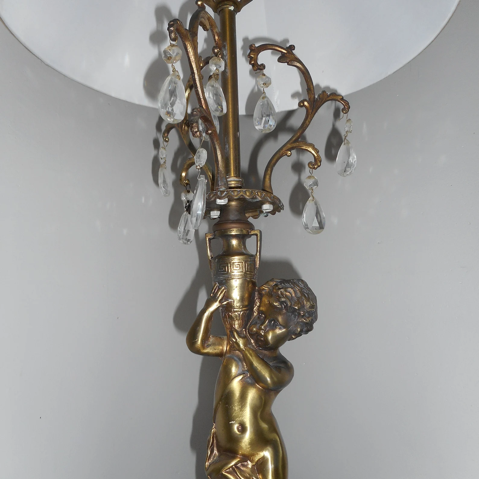 Pair of Gilded Bronze Cherub Putti holding amphora Lamps candelabra CIRCA 1950s