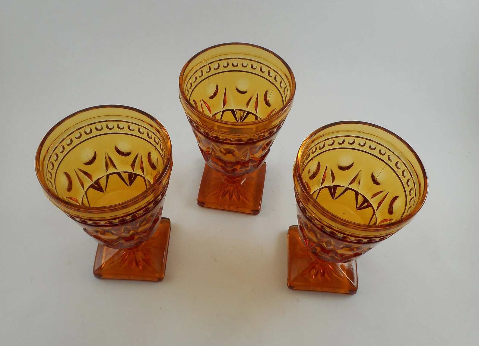 Vintage Amber Pedestal Pony - Goblet Heavy Glass - Set of 3