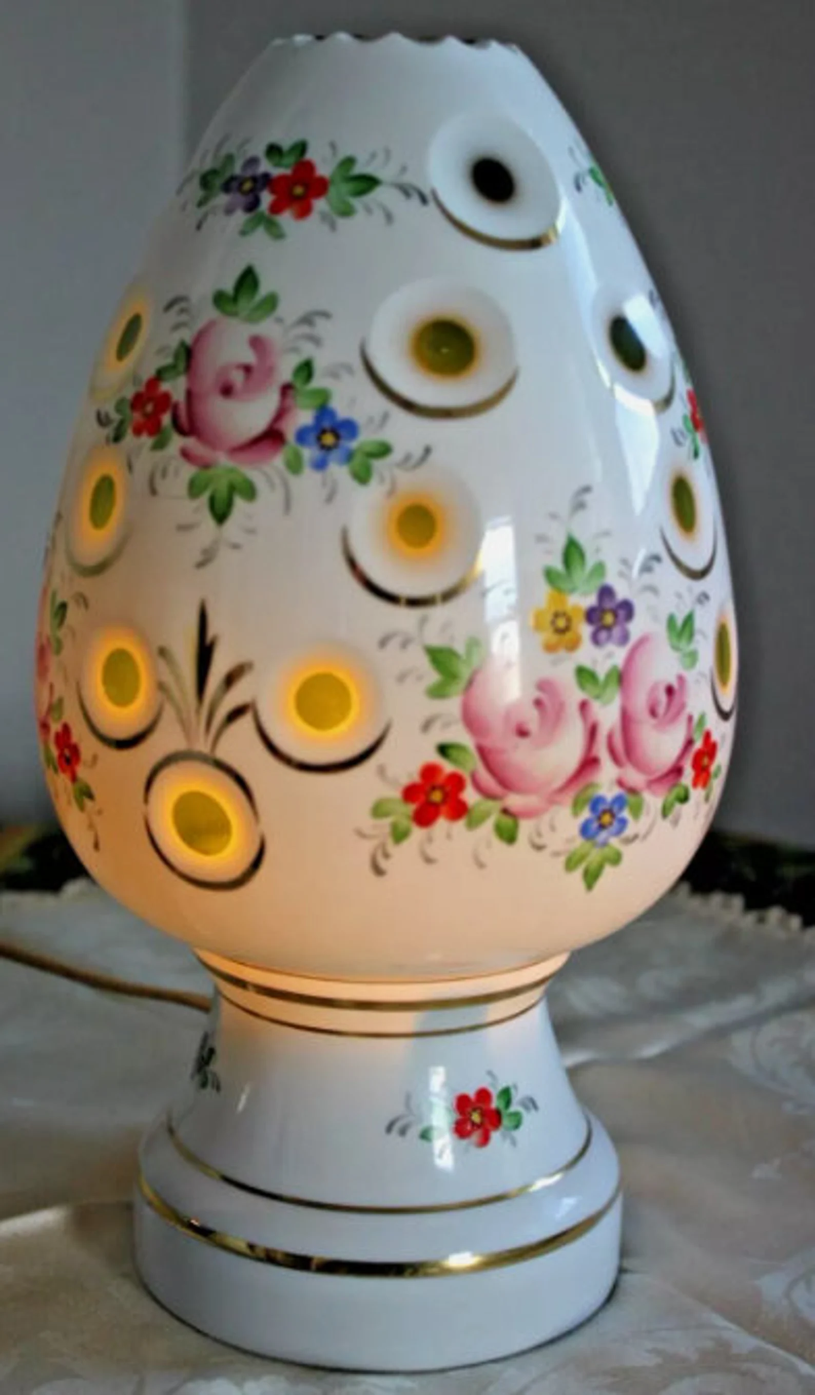 BOHEMIAN cut white green glass enameled egg shape lamp CIRCA 1960s