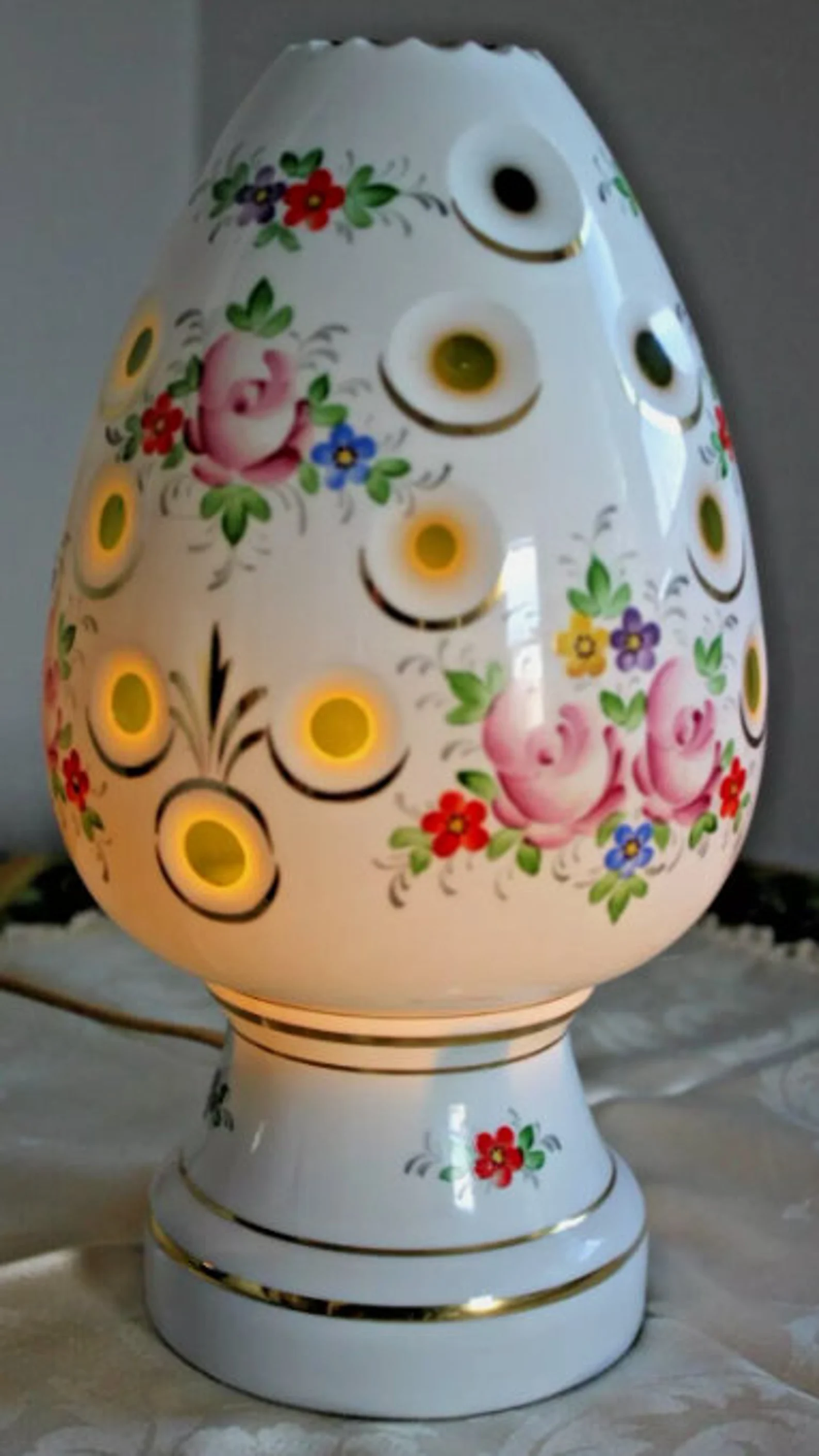 BOHEMIAN cut white green glass enameled egg shape lamp CIRCA 1960s