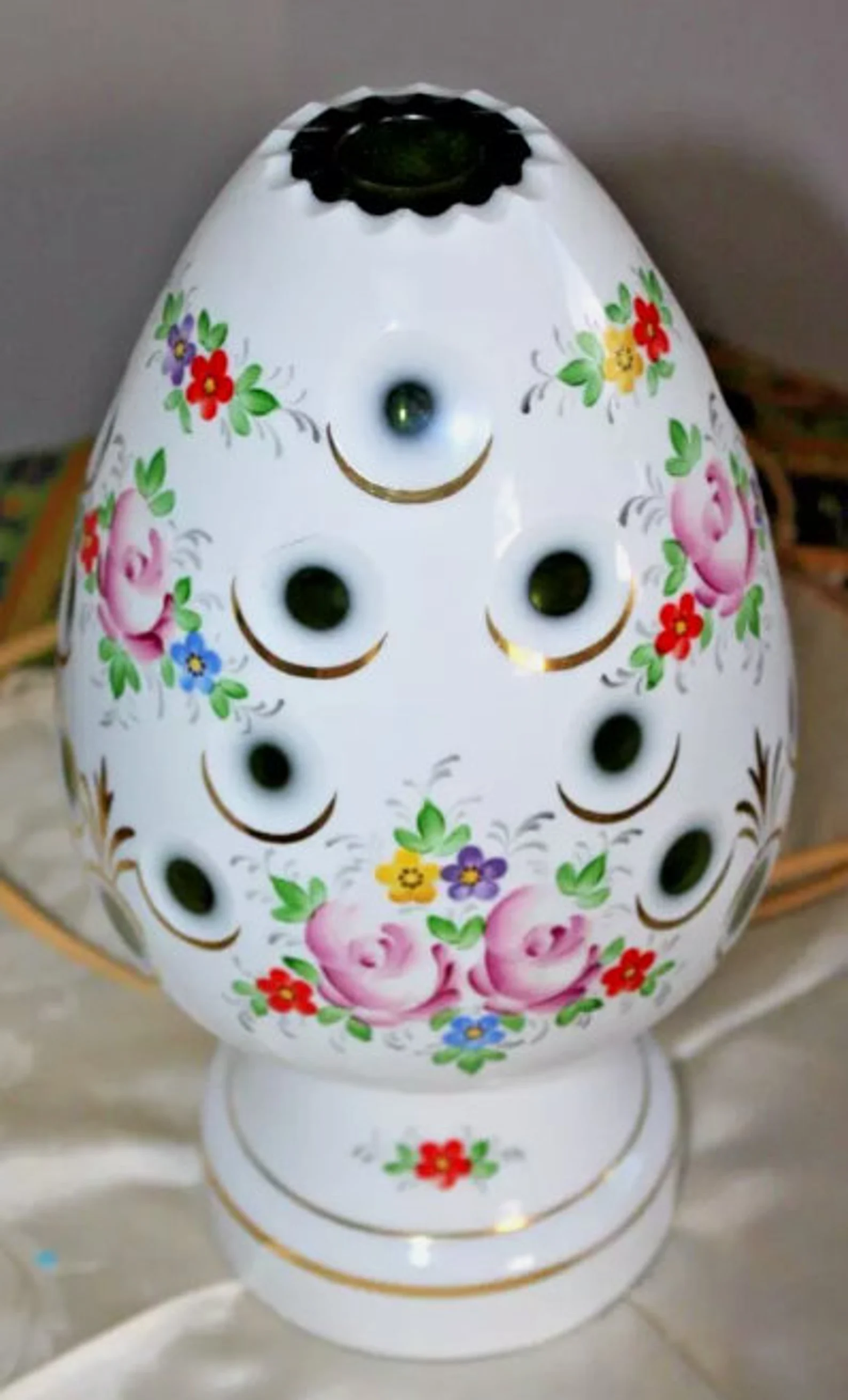 BOHEMIAN cut white green glass enameled egg shape lamp CIRCA 1960s