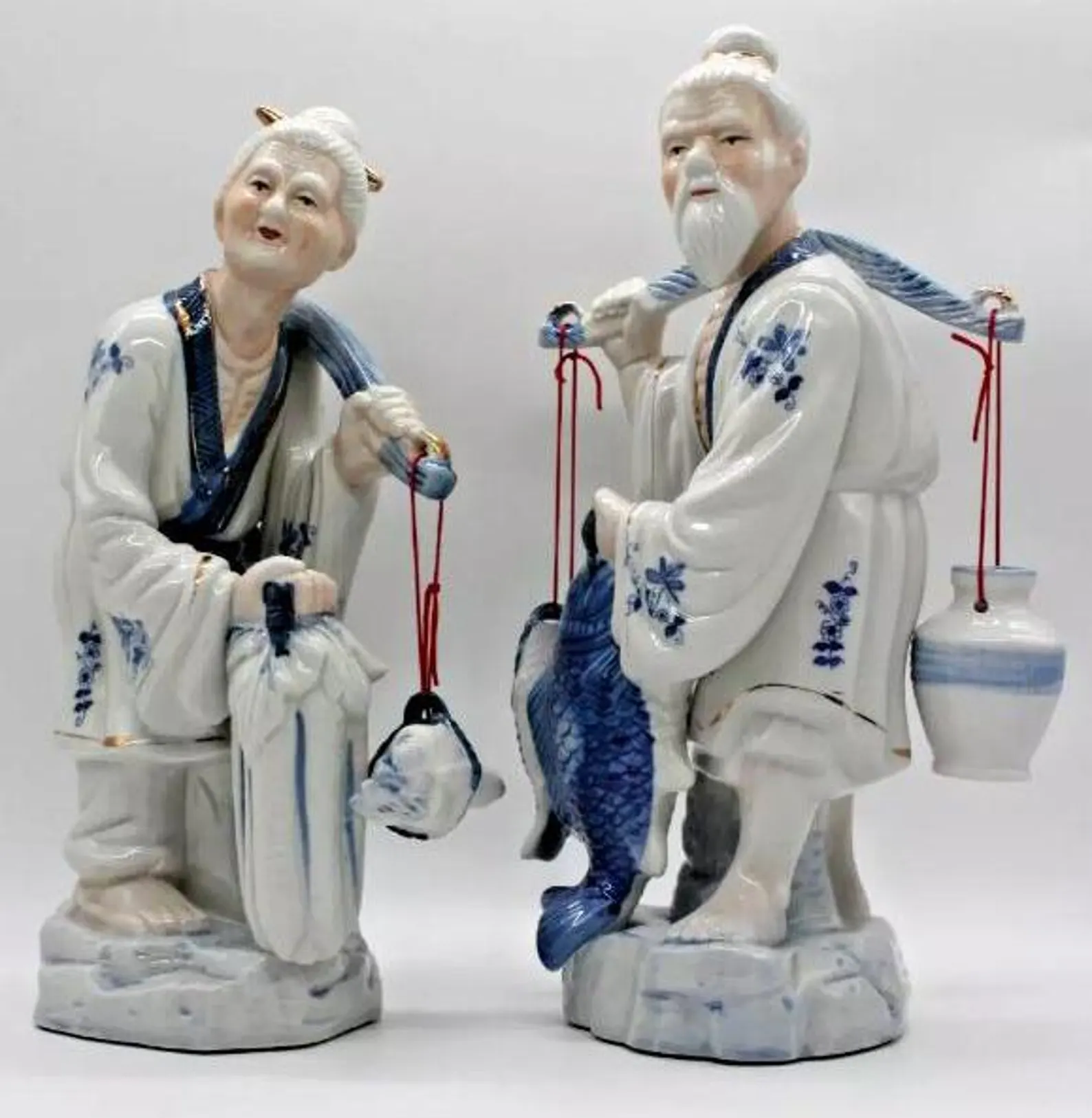 Delicate Porcelain Asian fisherman couple figurines large CIRCA 1970s