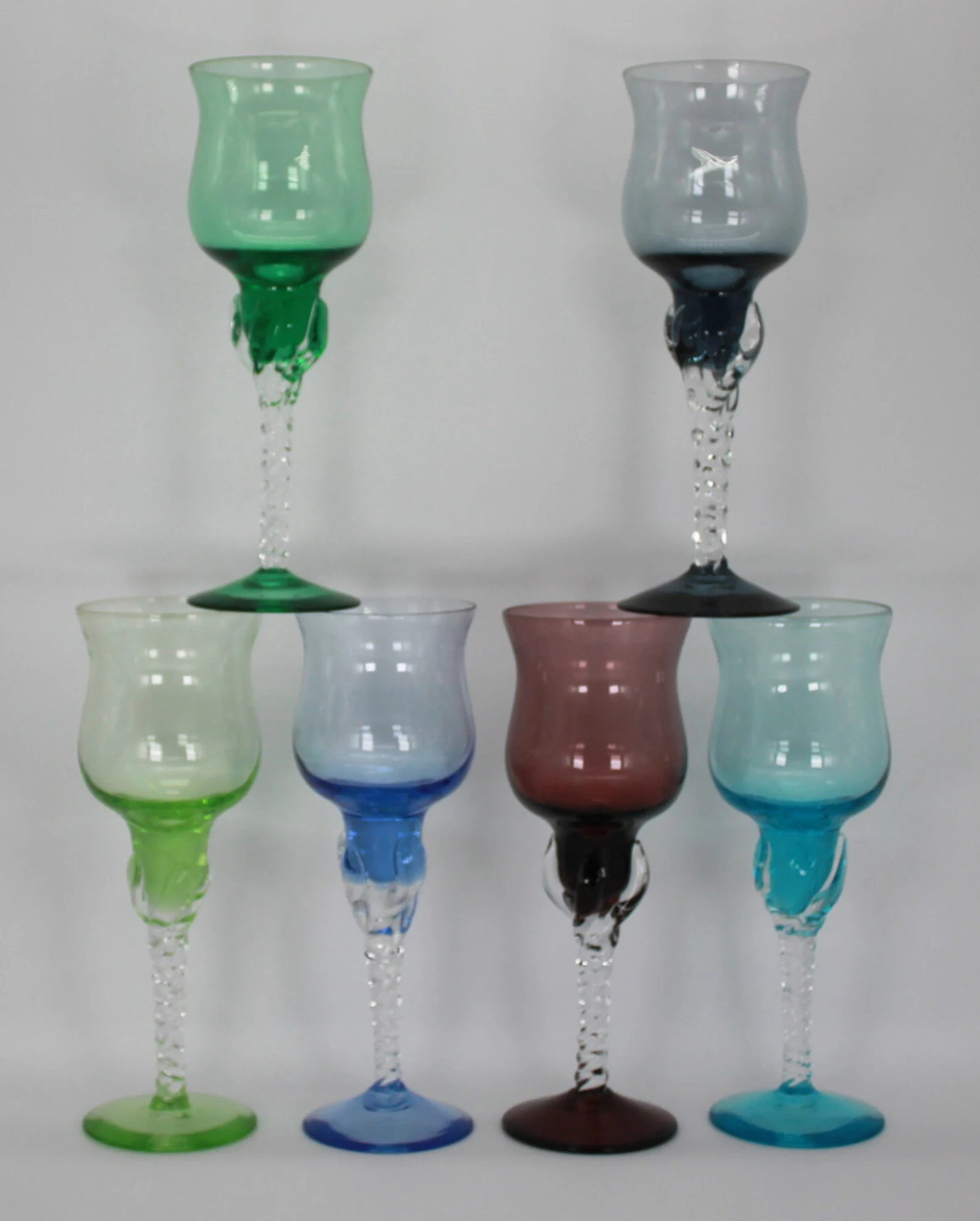 BLEFELD & Co Glass Harlequin twist stem crystal 6 Glasses CIRCA 1970s