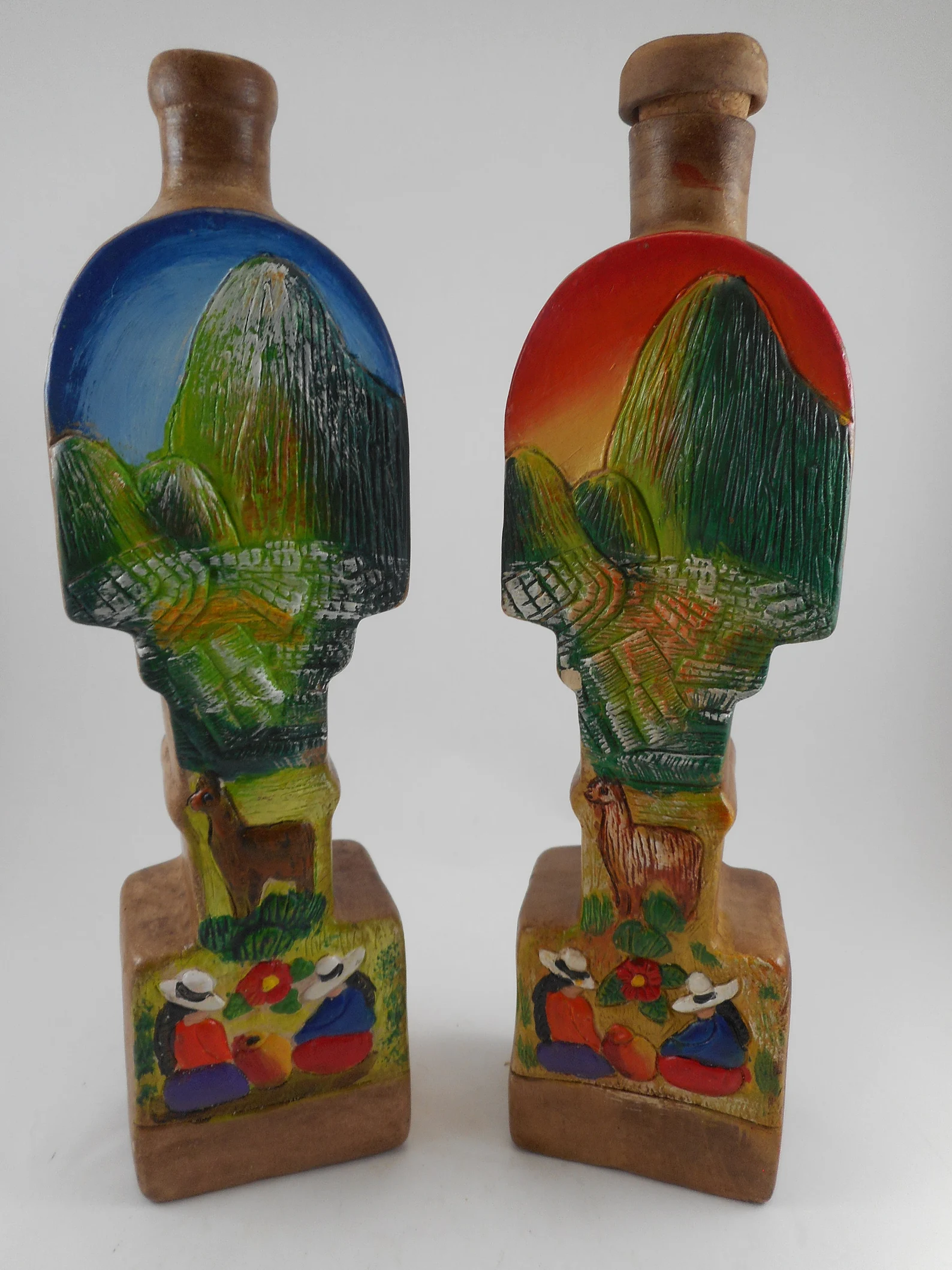 Hand Painted Peruvian Red Clay set of 2 Decanters Machu Picchu CIRCA 1970s