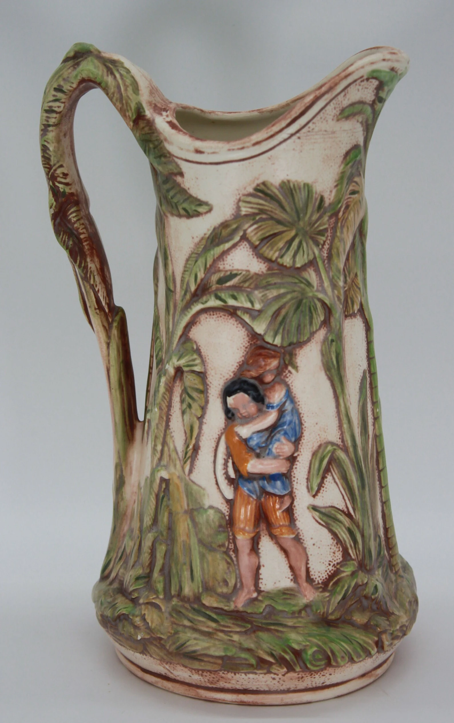 PMR ceramic white inside forest scene relief pitcher CIRCA 1970s
