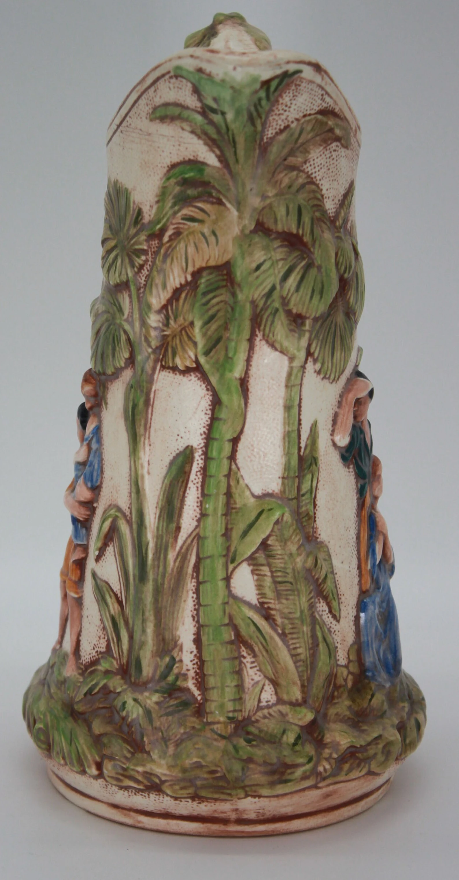 PMR ceramic white inside forest scene relief pitcher CIRCA 1970s