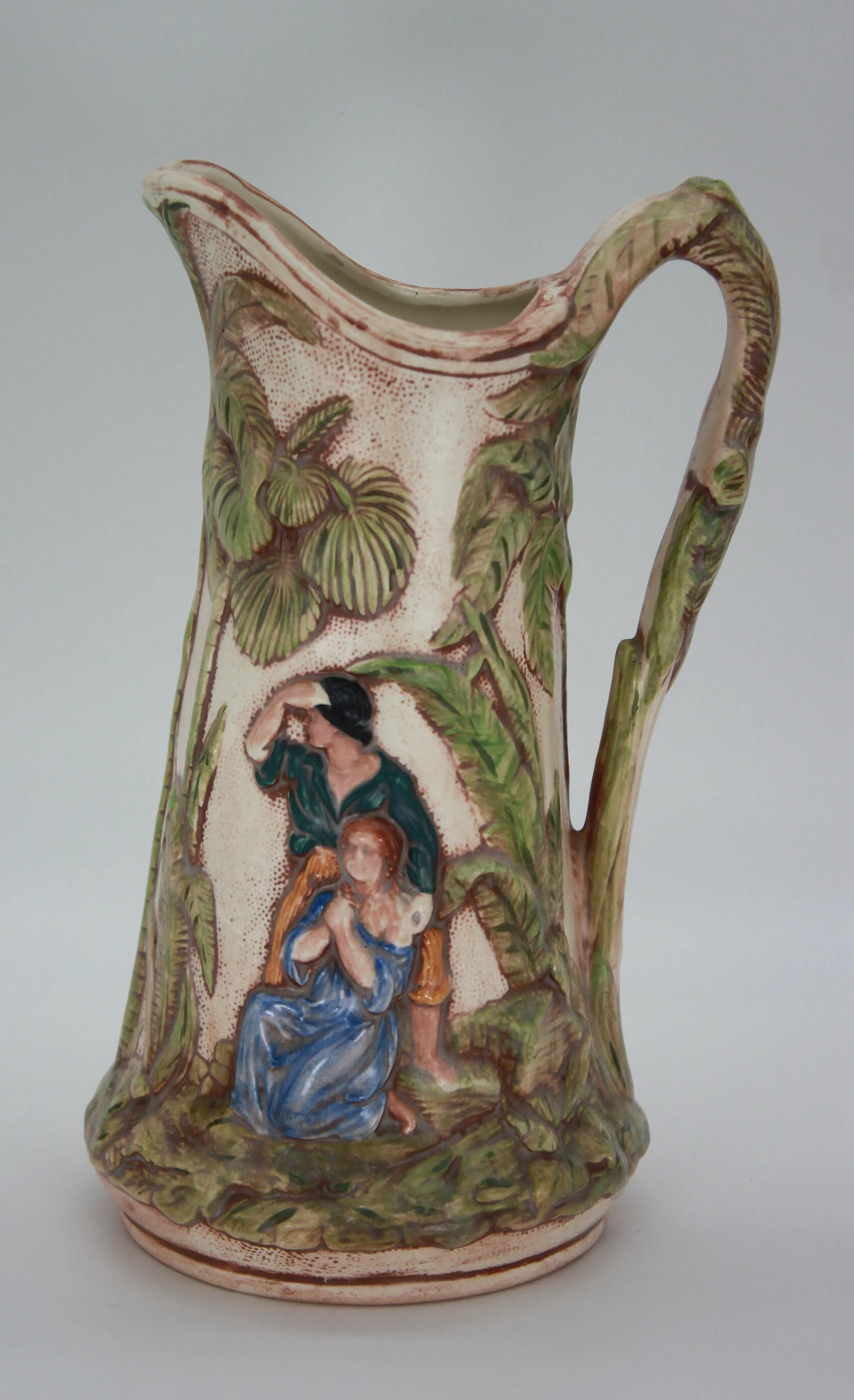 PMR ceramic white inside forest scene relief pitcher CIRCA 1970s