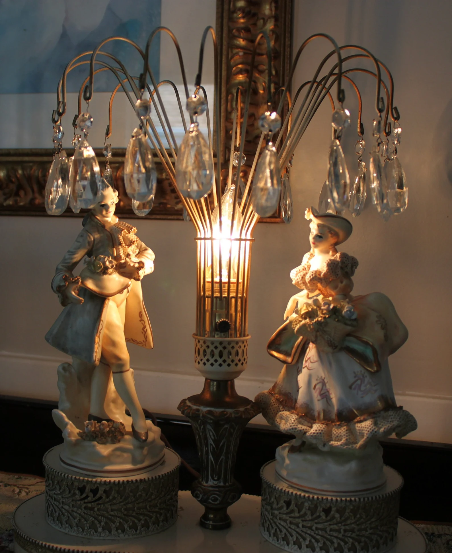 Victorian crystal 3 light fountain figural couple lamp CIRCA 1950s