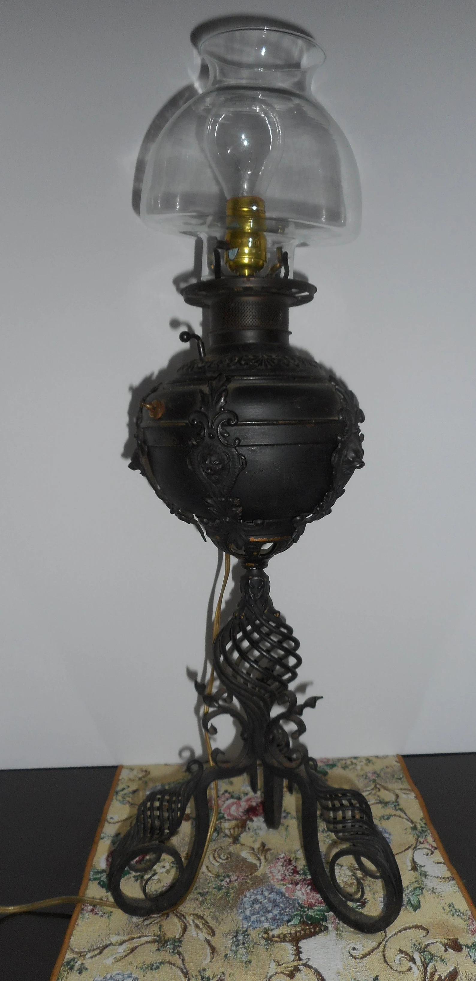 RARE Antique Gothic cast iron and brass converted electric lamp CIRCA 1800s