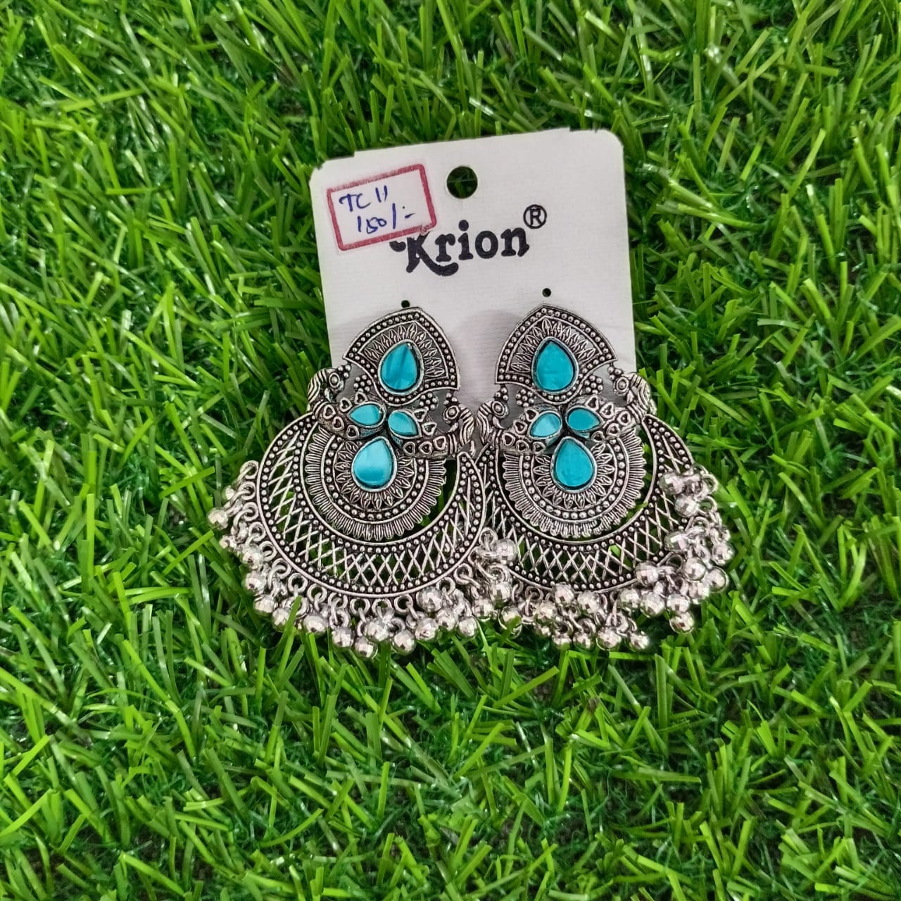 Krion Oxidized Earrings with Blue Stone