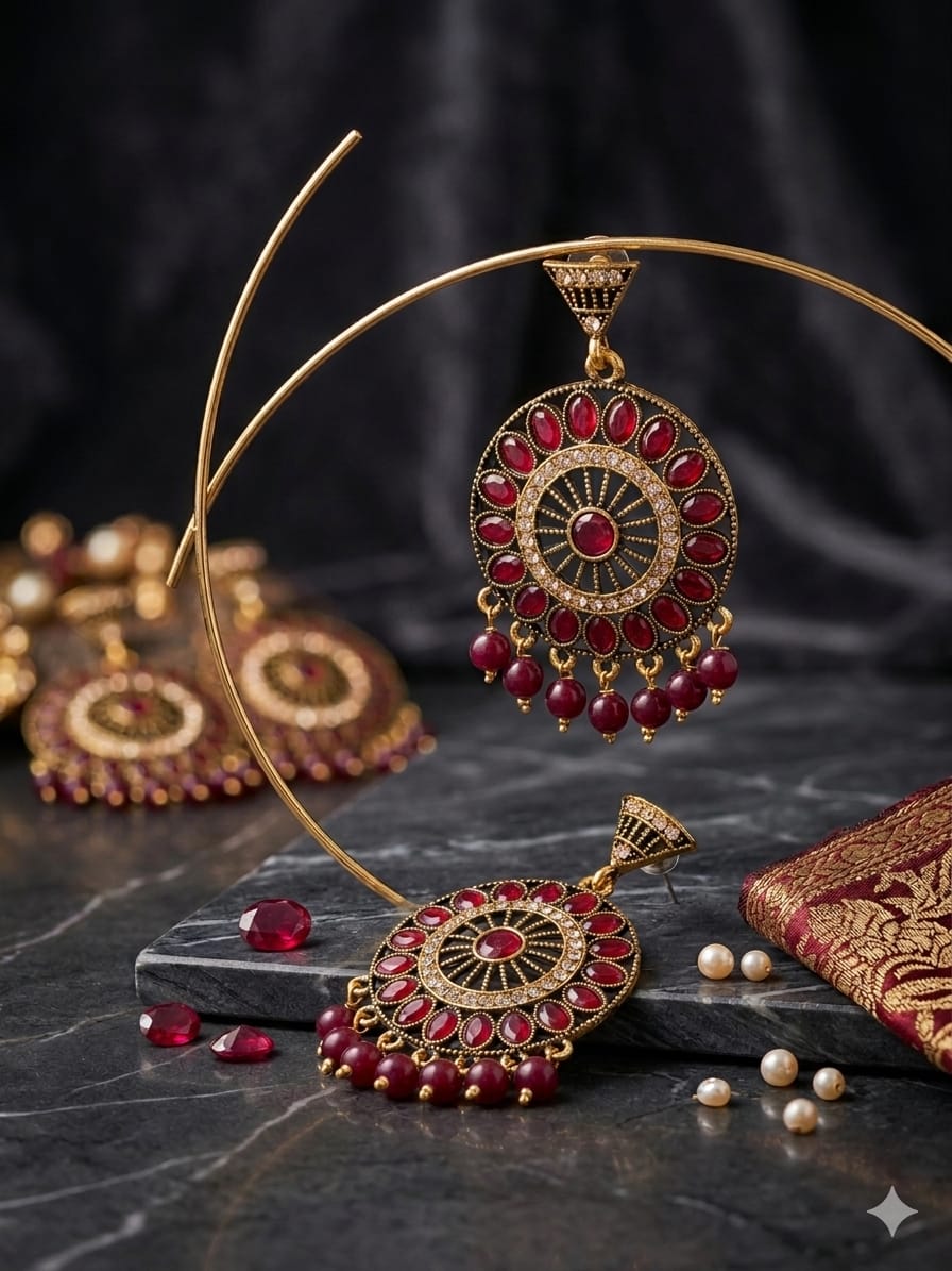 Antique Gold & Red Chandbali Earrings