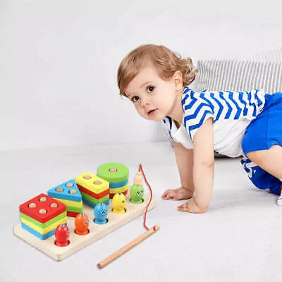 Wooden Fishing Four Post | Geometric Shape Sorter With Magnetic Fishing Game (random Color)