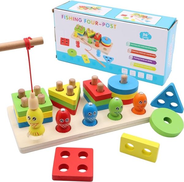 Wooden Fishing Four Post | Geometric Shape Sorter With Magnetic Fishing Game (random Color)