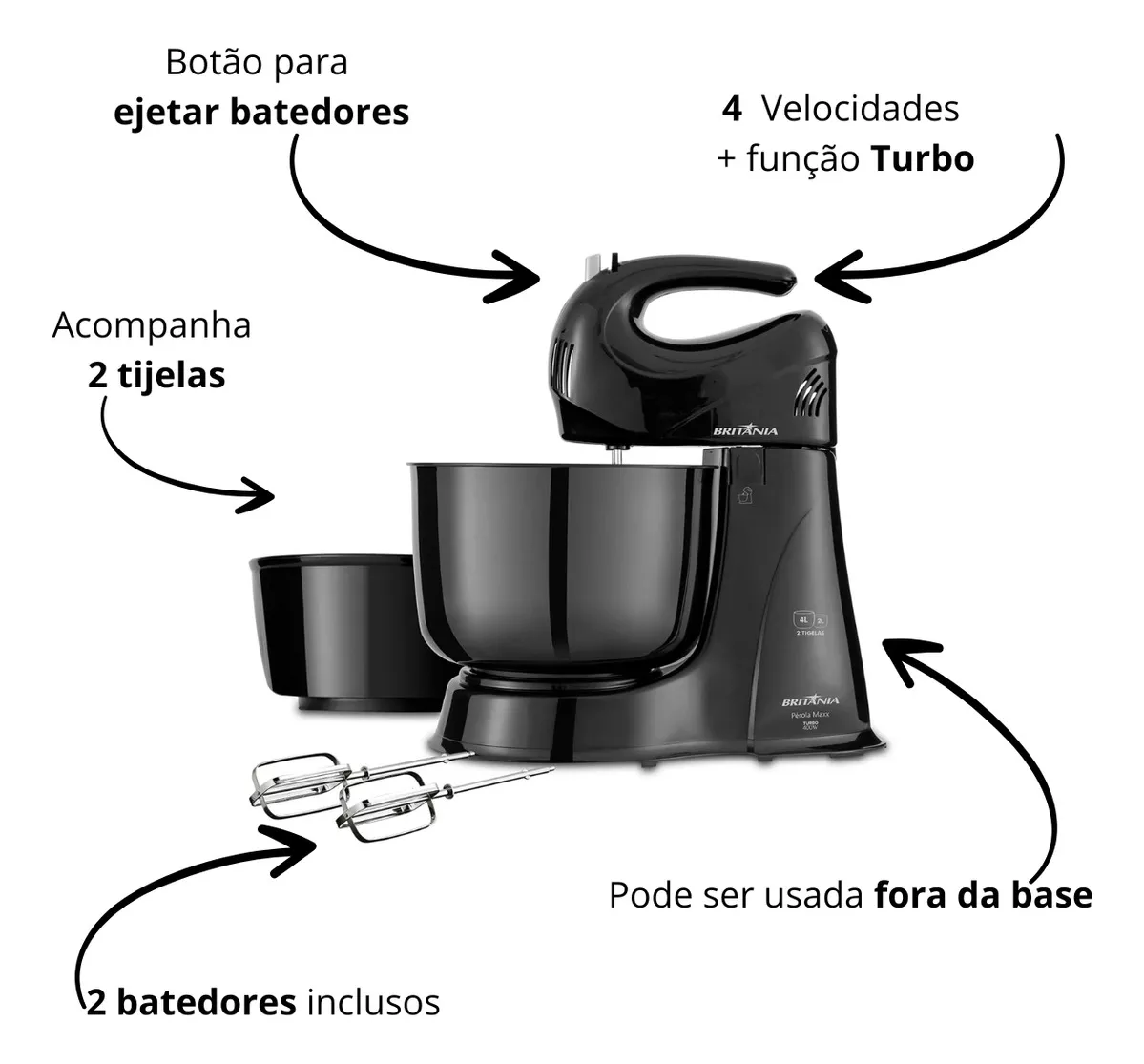 Batedeira Britânia Maxx Perola 2 Elétrica De Mão Portátil Com 2 Tijelas Para Bolo Cor Preto Frequência 60hz 110v