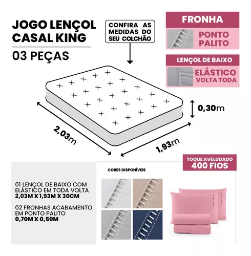Jogo De Lençol King Size 03 Peças Percal 400 Fios