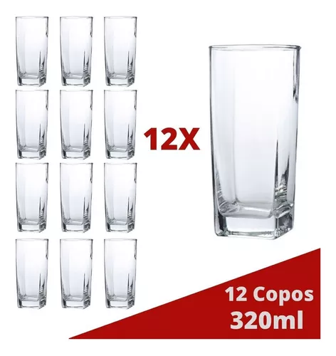 Jogo De Copos Vidro Texas 320ml Quadrado Suco Agua - 12un