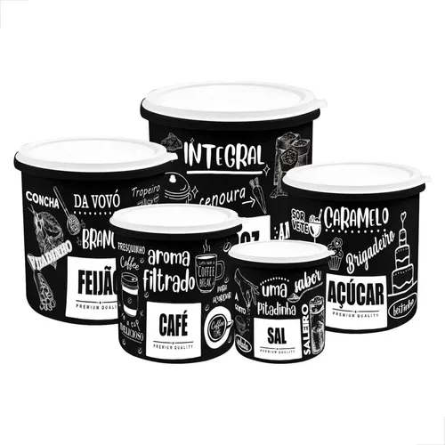 Kit 5 Potes De Mantimentos Plástico Decorado Preto Frases
