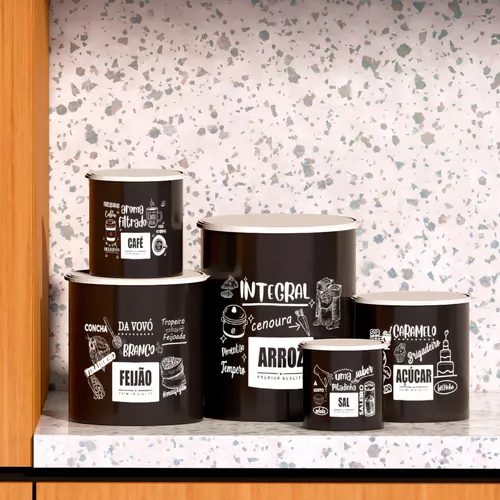 Kit 5 Potes De Mantimentos Plástico Decorado Preto Frases